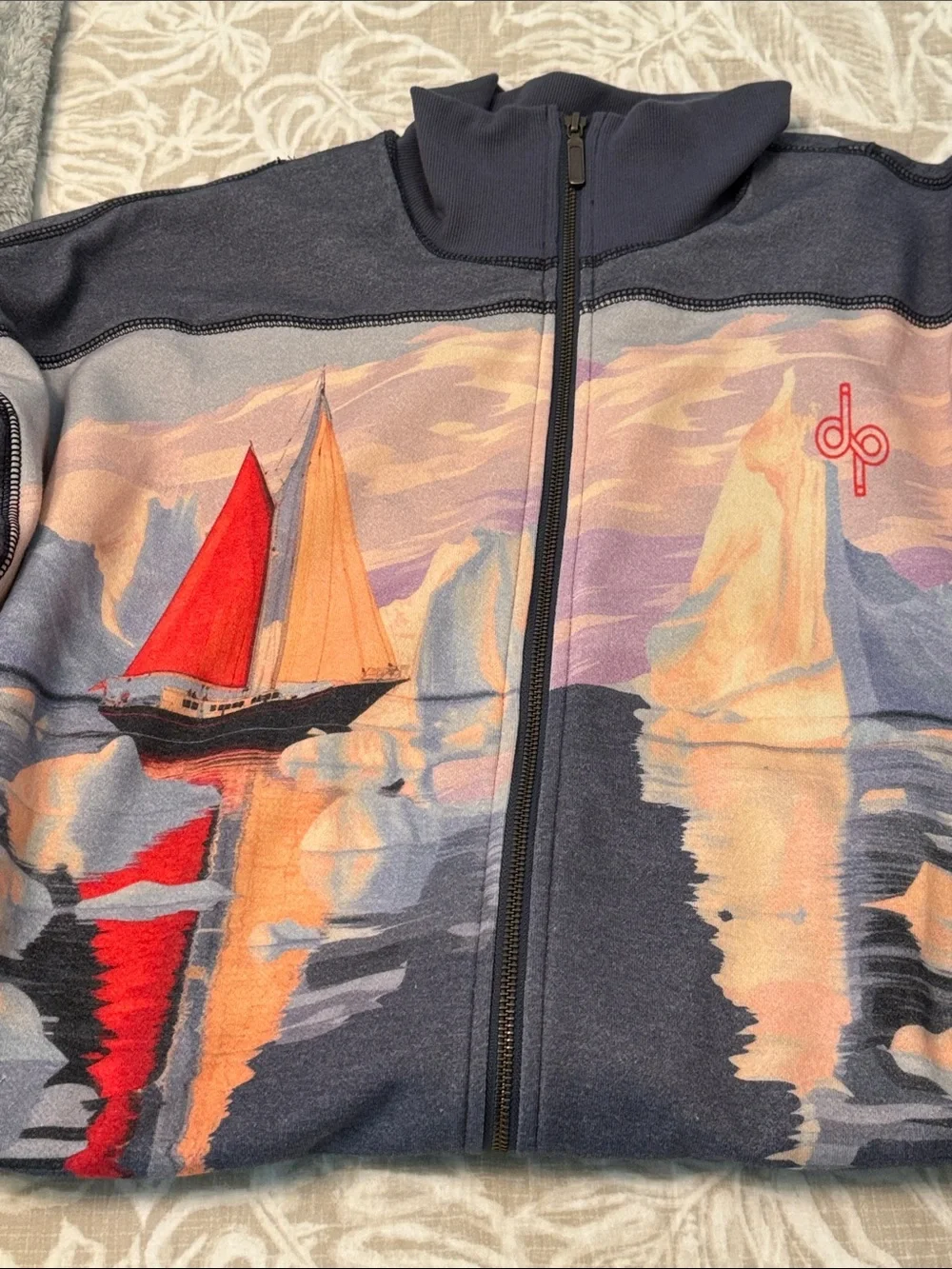 Anthropology Women’s Gray Graphic Zip-Up Jacket with Pink & Red Sailboat Print
